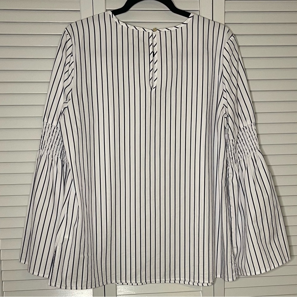 Michael Kors Bell Sleeve Blue and White Striped Blouse - Picture 2 of 5